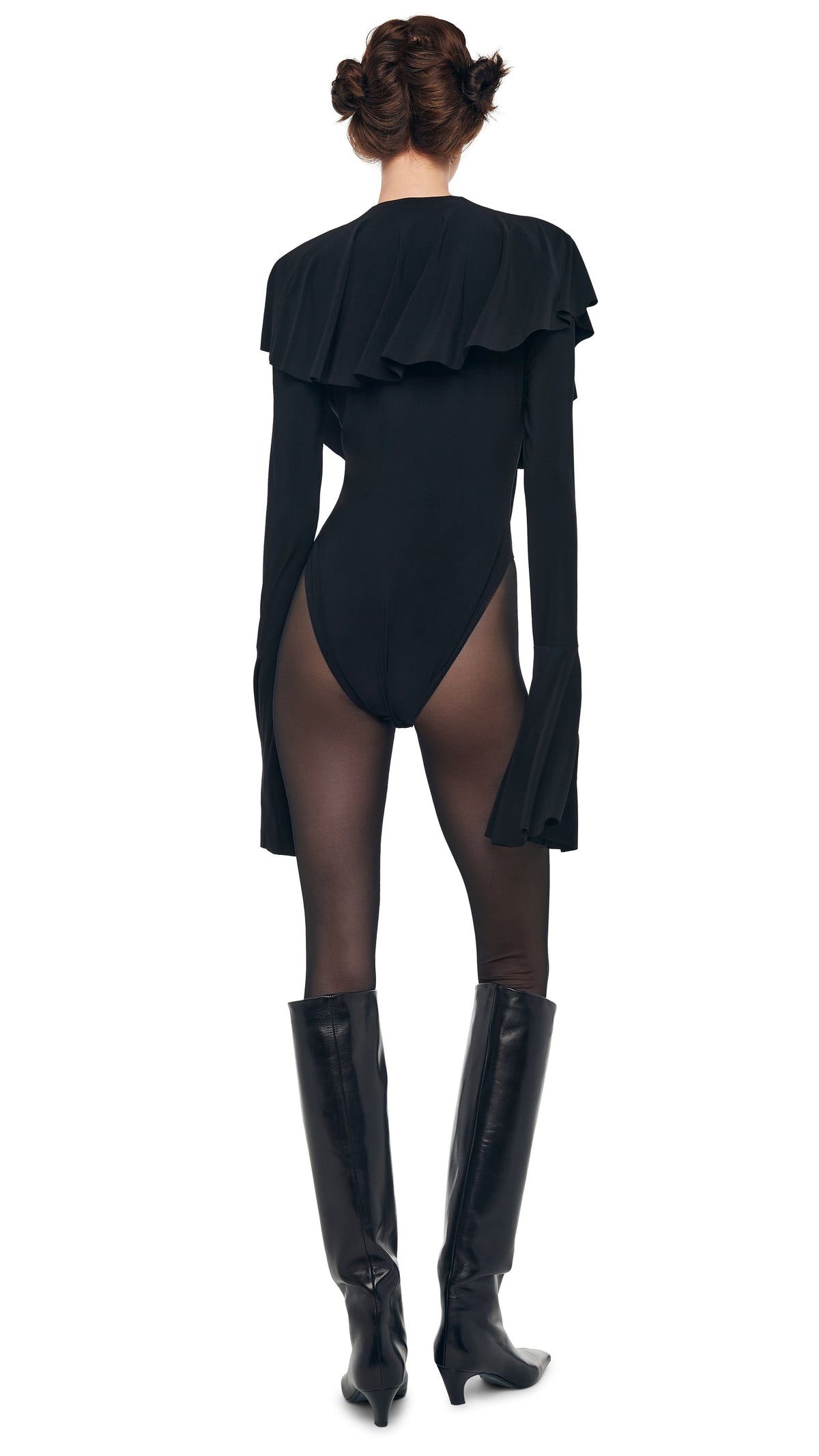 Norma Kamali LONG SLEEVE DEEP V RUFFLE BODYSUIT