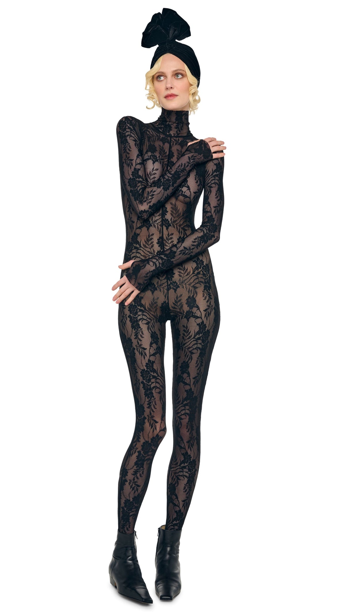 Norma Kamali LONG SLEEVE SLIM FIT TURTLE CATSUIT W/ FOOTIE
