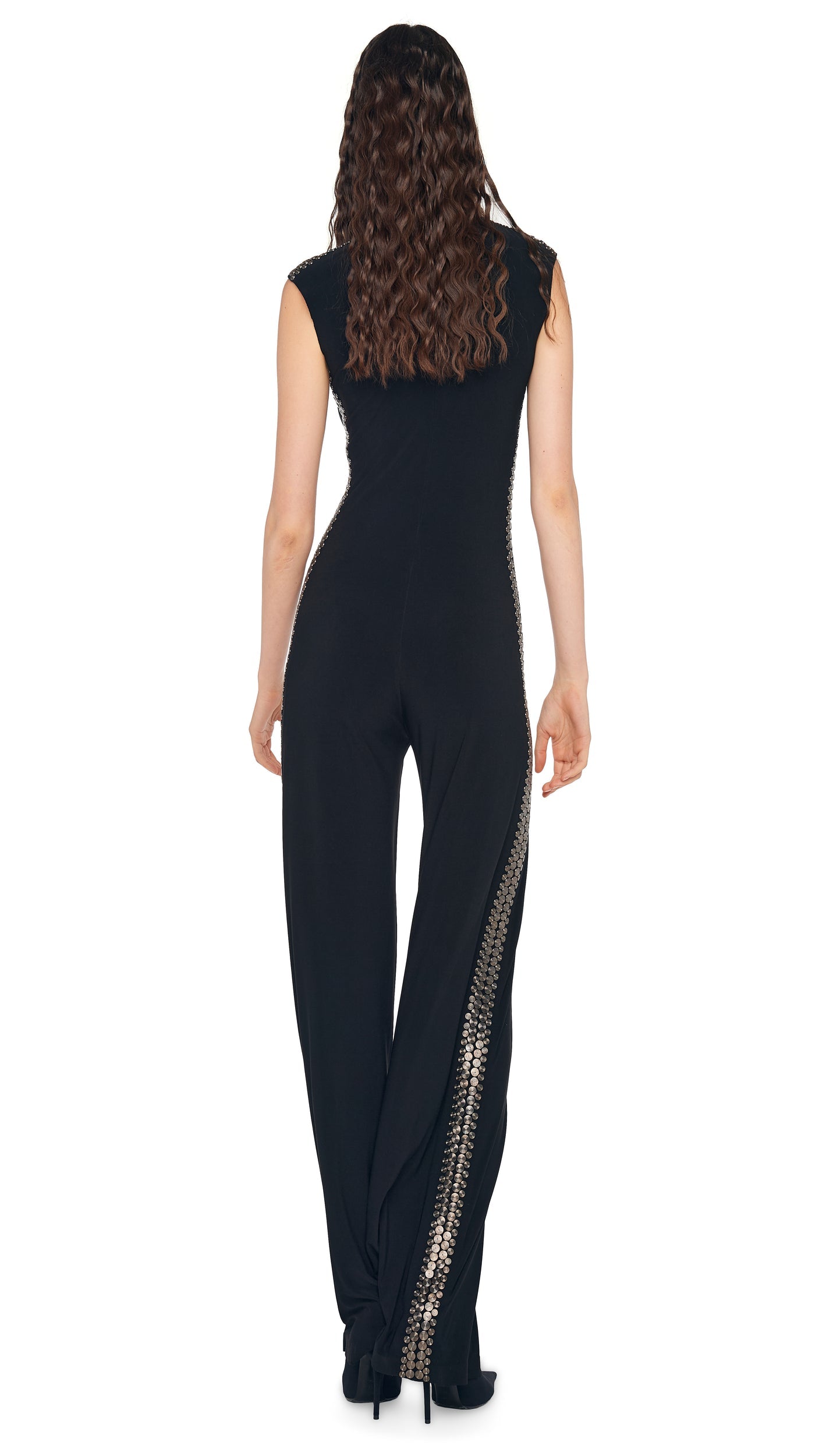 Norma Kamali GUNMETAL STUD SLEEVELESS JUMPSUIT