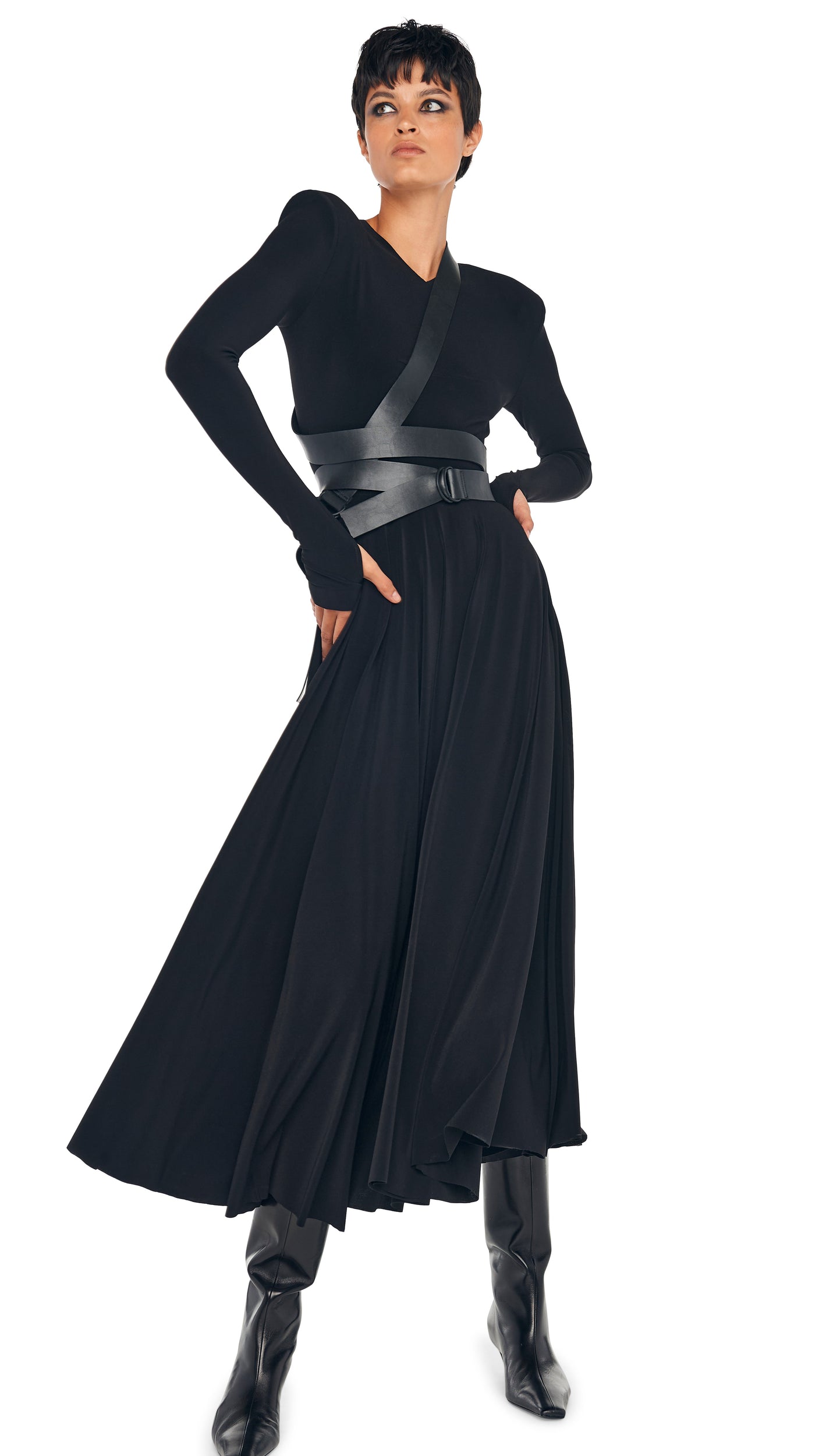 Norma Kamali LS SHOULDER PAD V NECK FLARED DRESS
