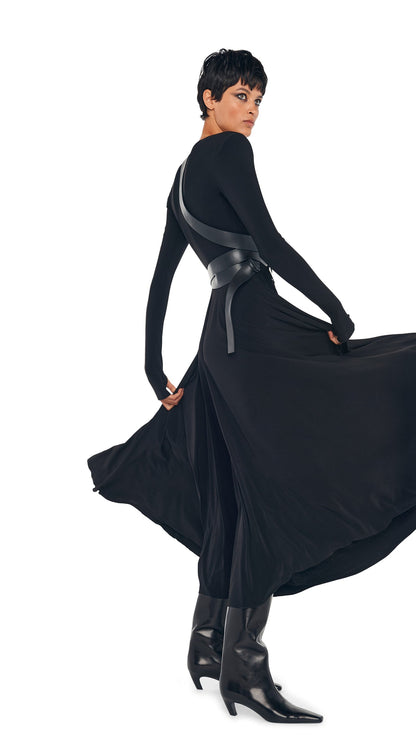 Norma Kamali LS SHOULDER PAD V NECK FLARED DRESS