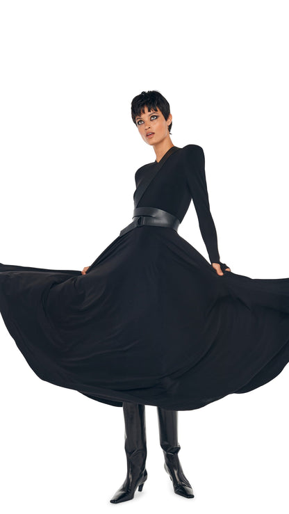 Norma Kamali LS SHOULDER PAD V NECK FLARED DRESS