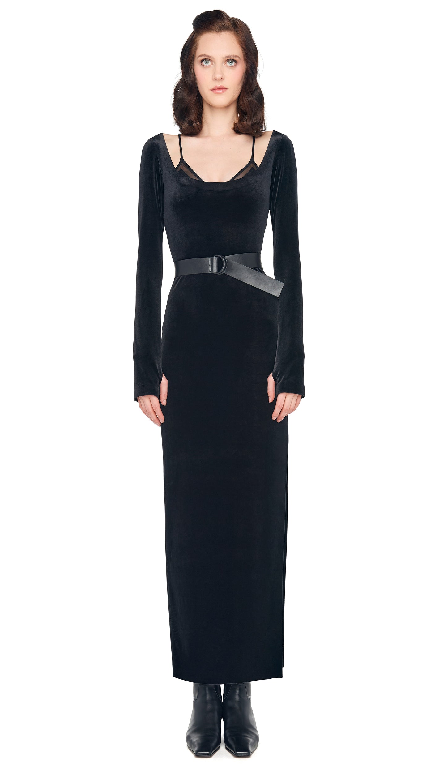 Norma Kamali LONG SLEEVE DEEP SCOOP NECK SIDE SLIT GOWN