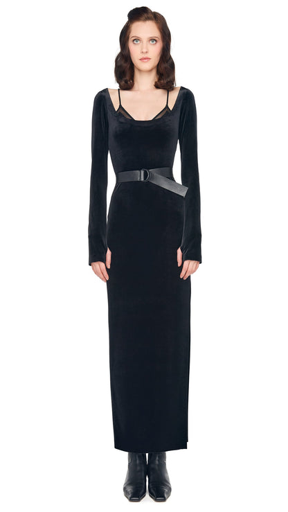 Norma Kamali LONG SLEEVE DEEP SCOOP NECK SIDE SLIT GOWN