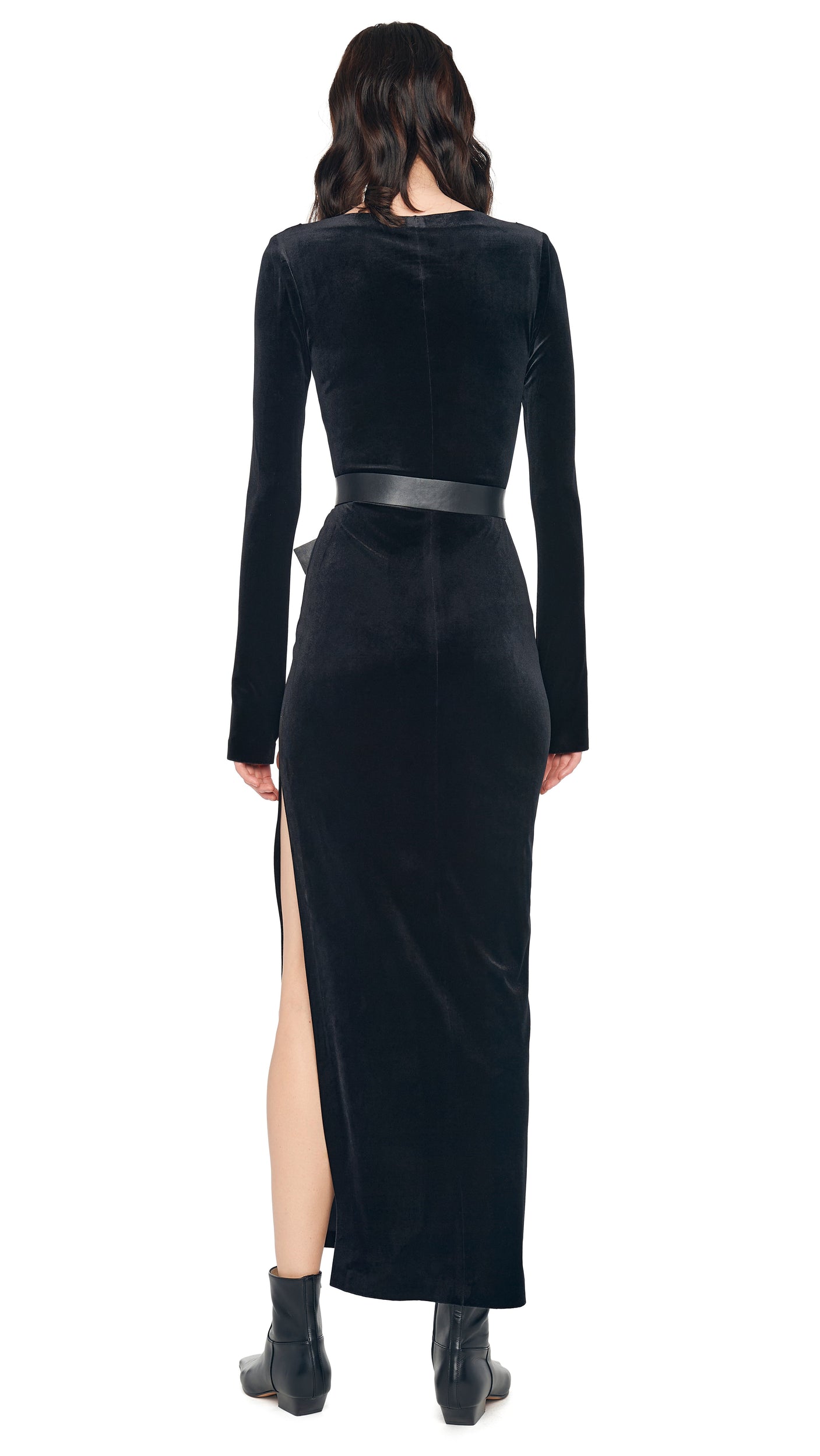 Norma Kamali LONG SLEEVE DEEP SCOOP NECK SIDE SLIT GOWN