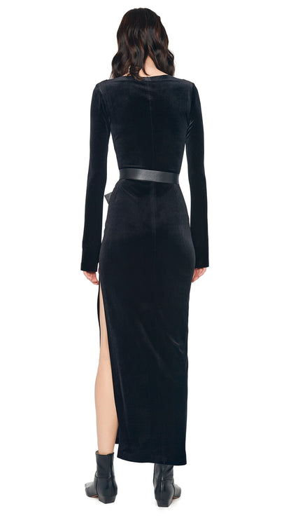 Norma Kamali LONG SLEEVE DEEP SCOOP NECK SIDE SLIT GOWN