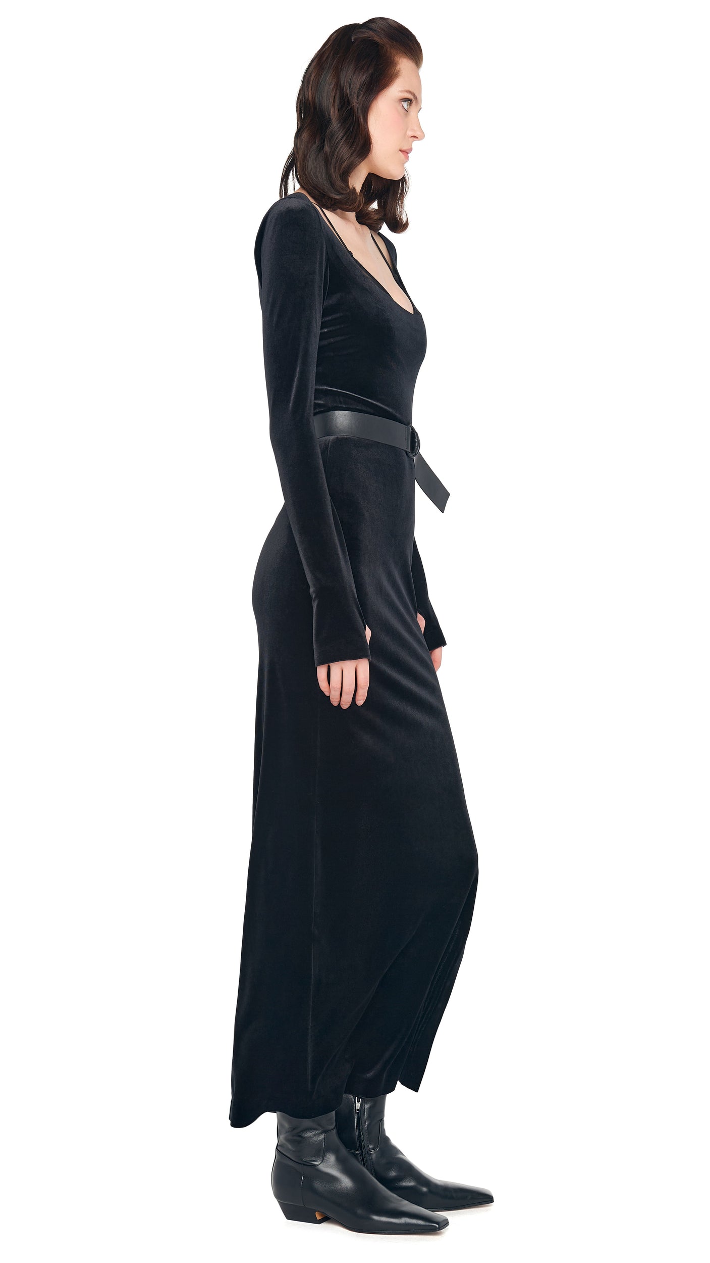 Norma Kamali LONG SLEEVE DEEP SCOOP NECK SIDE SLIT GOWN