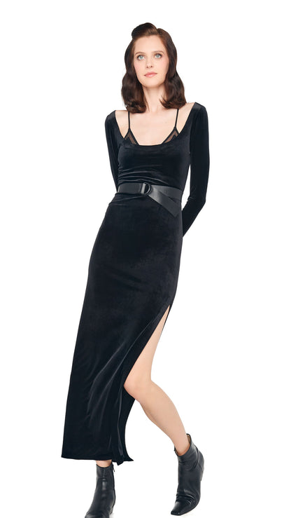 Norma Kamali LONG SLEEVE DEEP SCOOP NECK SIDE SLIT GOWN