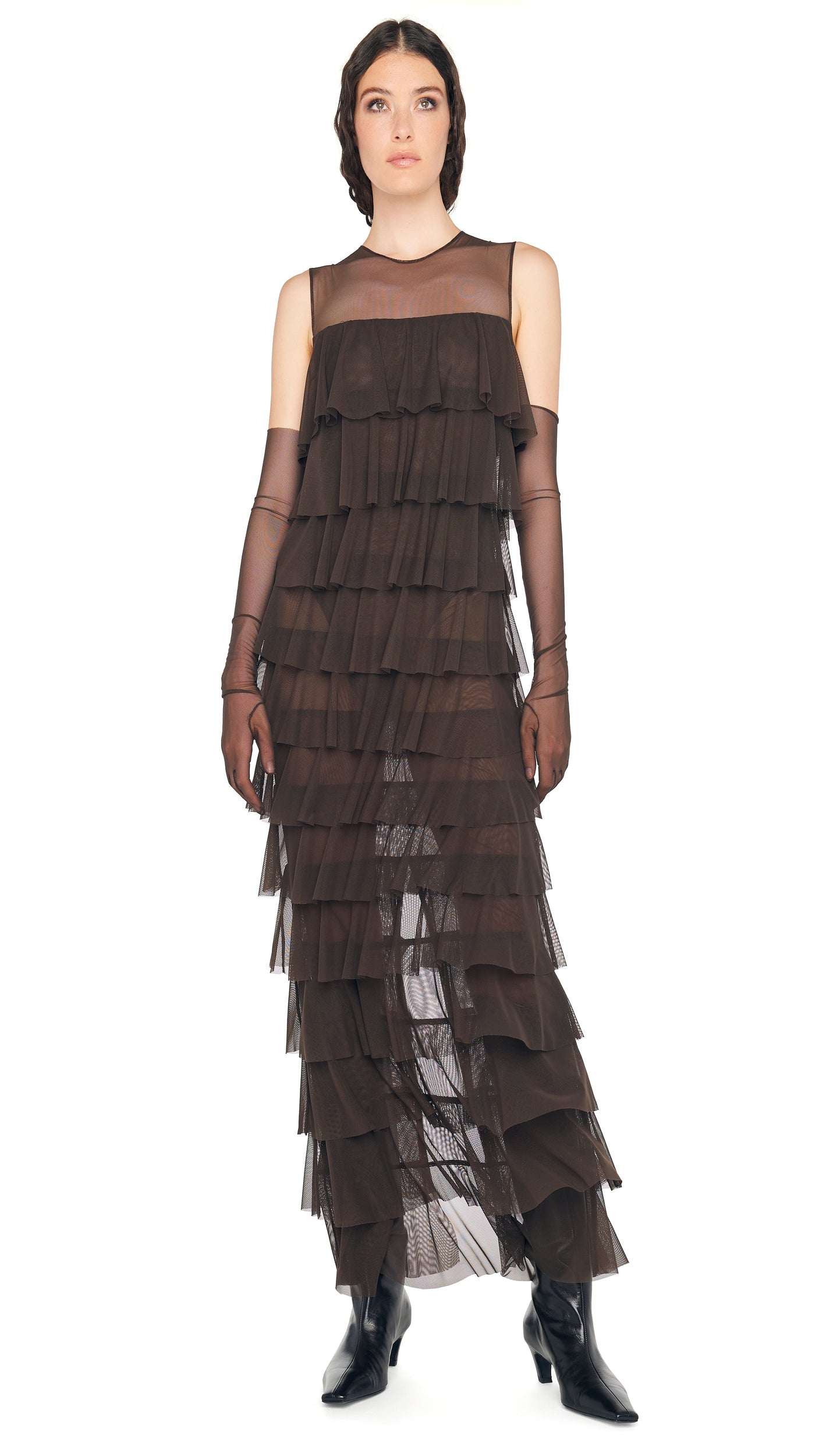Norma Kamali SLEEVELESS TIERED RUFFLE GOWN