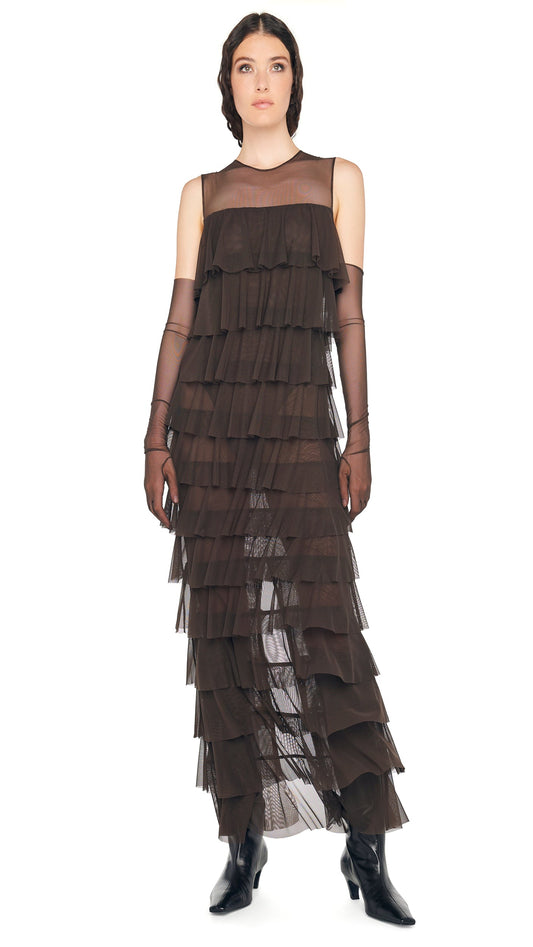 Norma Kamali SLEEVELESS TIERED RUFFLE GOWN