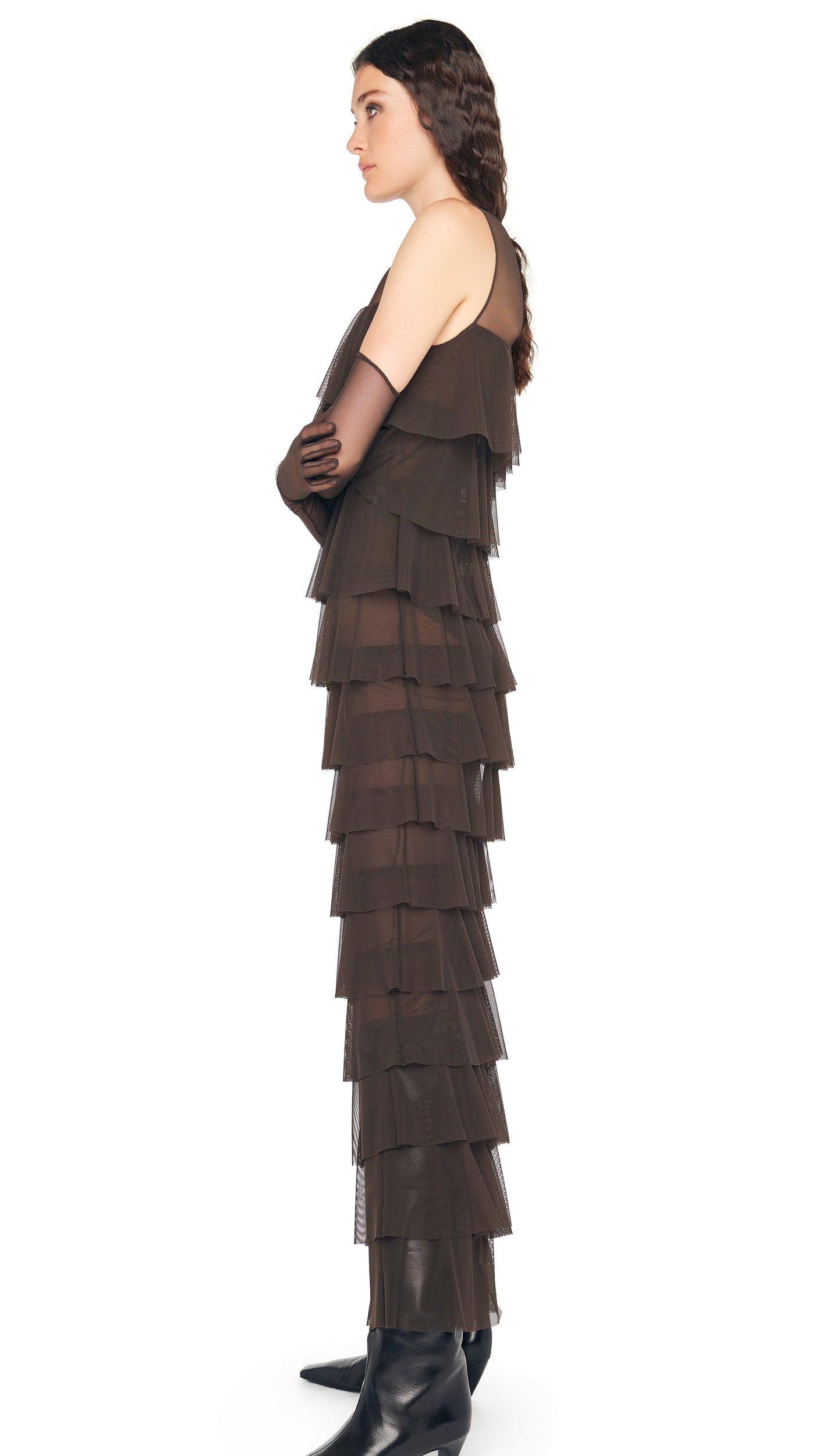 Norma Kamali SLEEVELESS TIERED RUFFLE GOWN