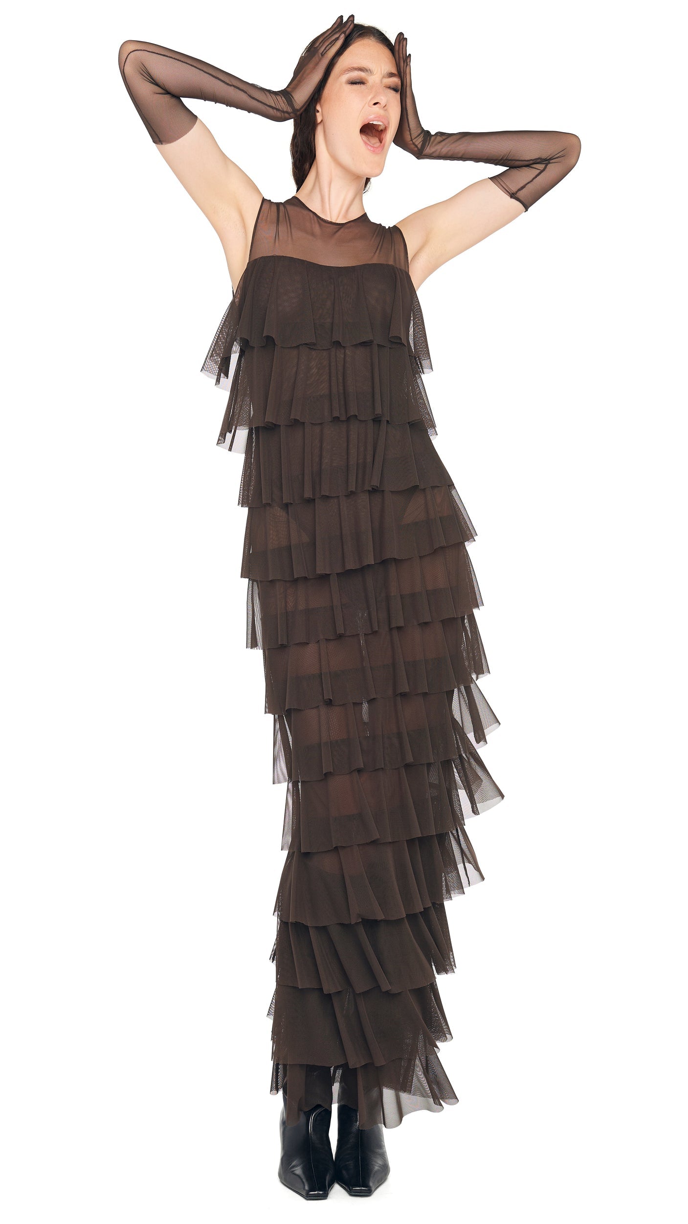 Norma Kamali SLEEVELESS TIERED RUFFLE GOWN
