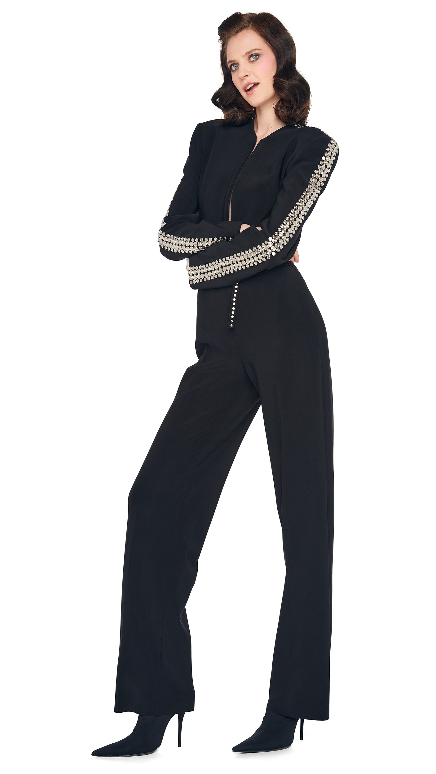 Norma Kamali STUD ZIP FRONT STRAIGHT LEG JUMPSUIT