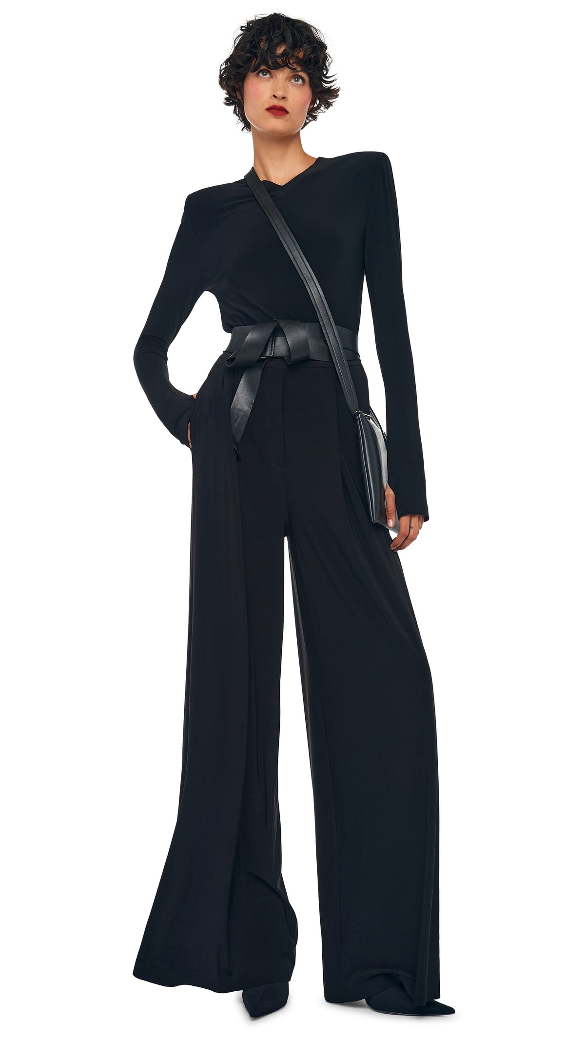 Norma Kamali LONG SLEEVE SHOULDER PAD V NECK TOP