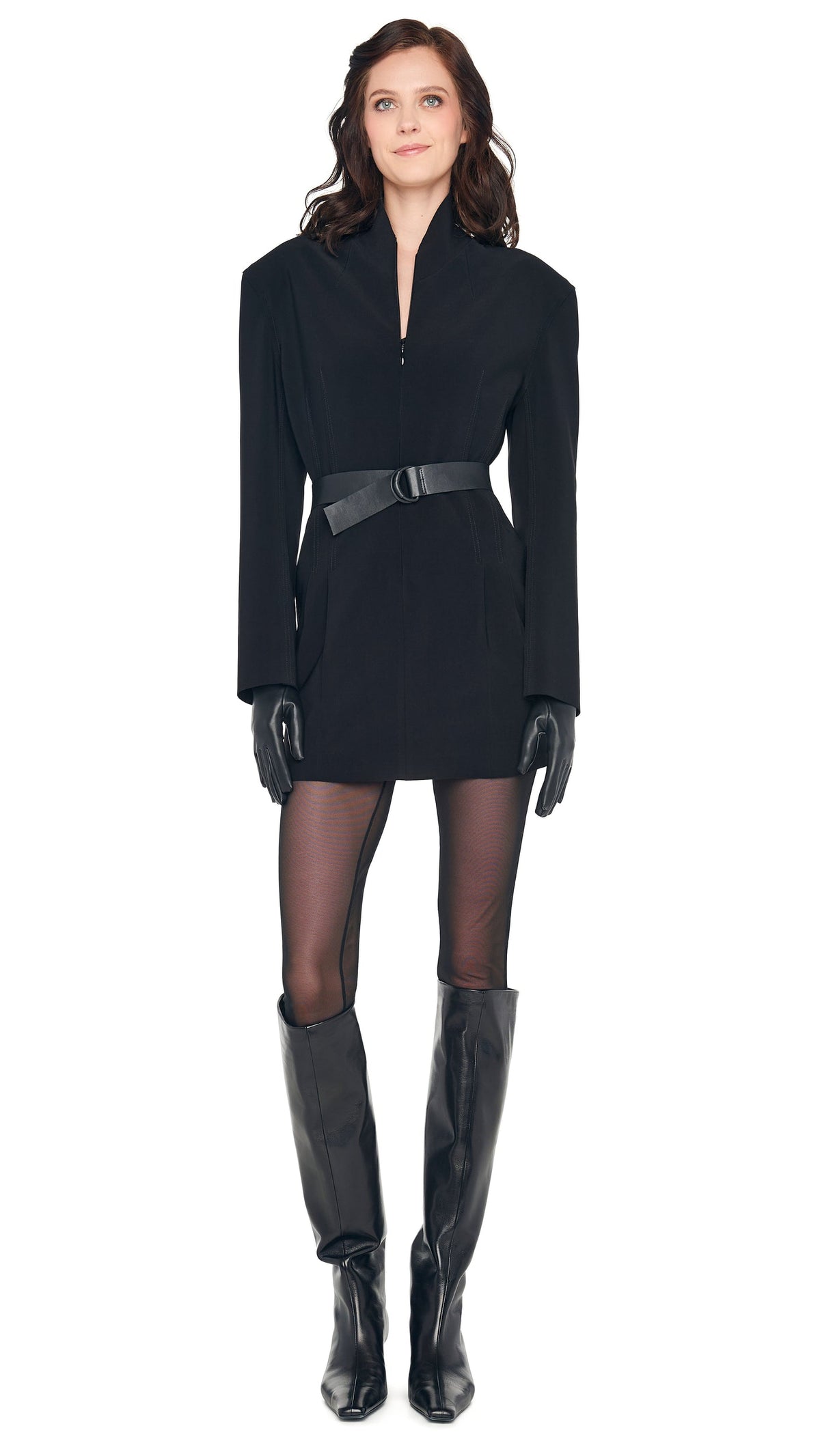 Norma Kamali OS LS SHOULDER PAD ZIP FRONT MINI DRESS