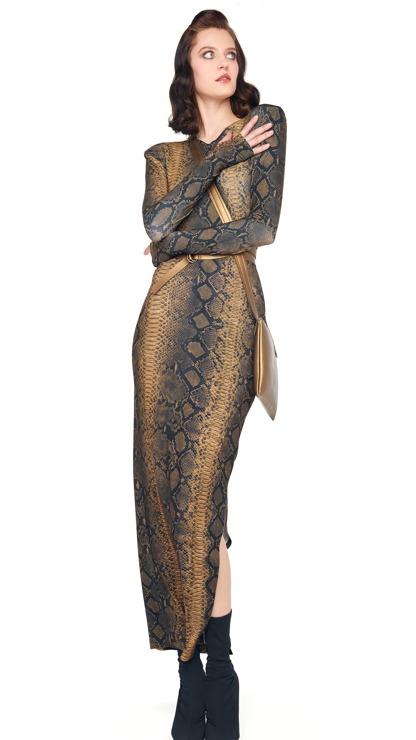 Norma Kamali LS SHOULDER PAD SIDE SLIT GOWN