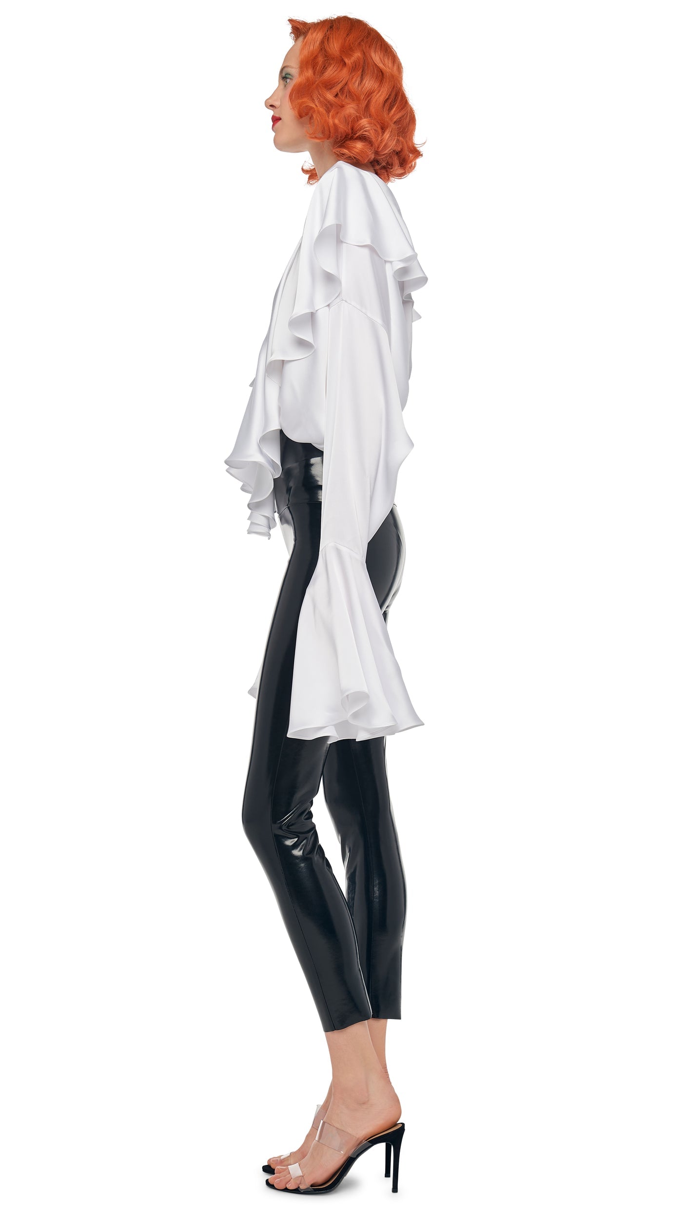 Norma Kamali LONG SLEEVE DEEP V RUFFLE BODYSUIT