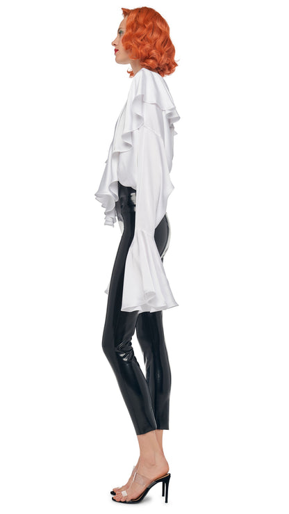 Norma Kamali LONG SLEEVE DEEP V RUFFLE BODYSUIT
