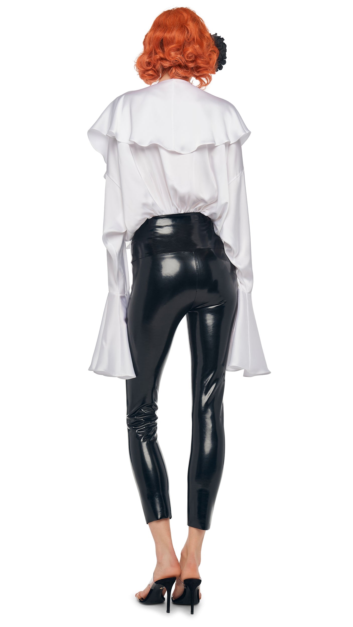Norma Kamali LONG SLEEVE DEEP V RUFFLE BODYSUIT