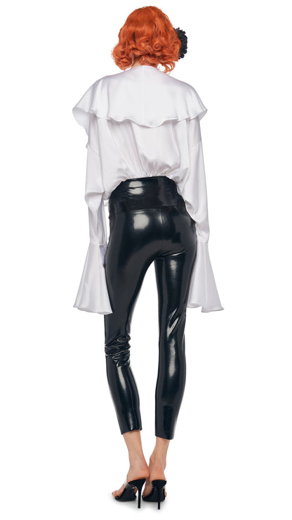 Norma Kamali LONG SLEEVE DEEP V RUFFLE BODYSUIT