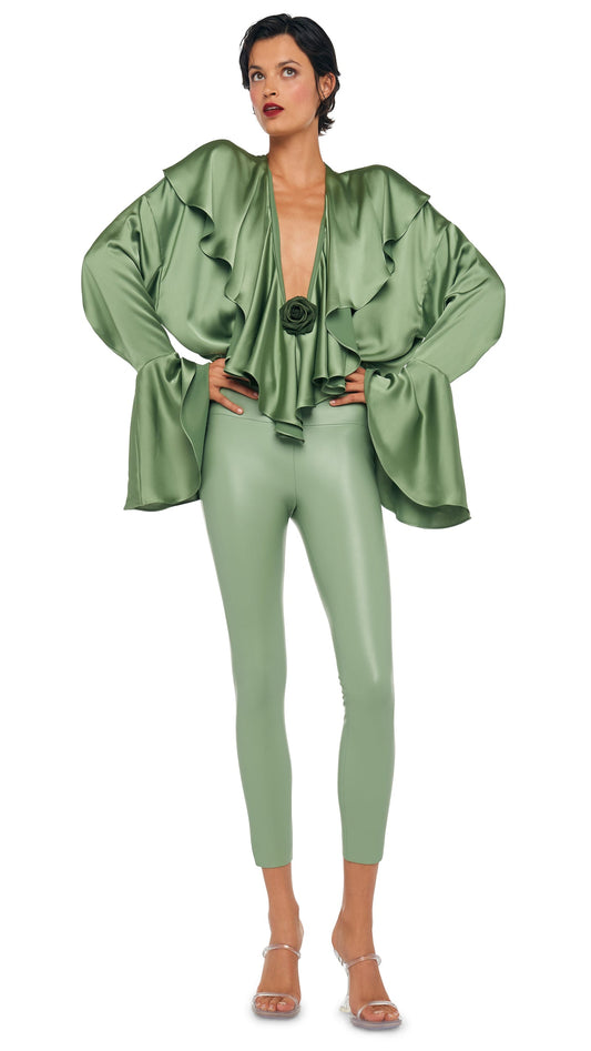 Norma Kamali LONG SLEEVE DEEP V RUFFLE BODYSUIT