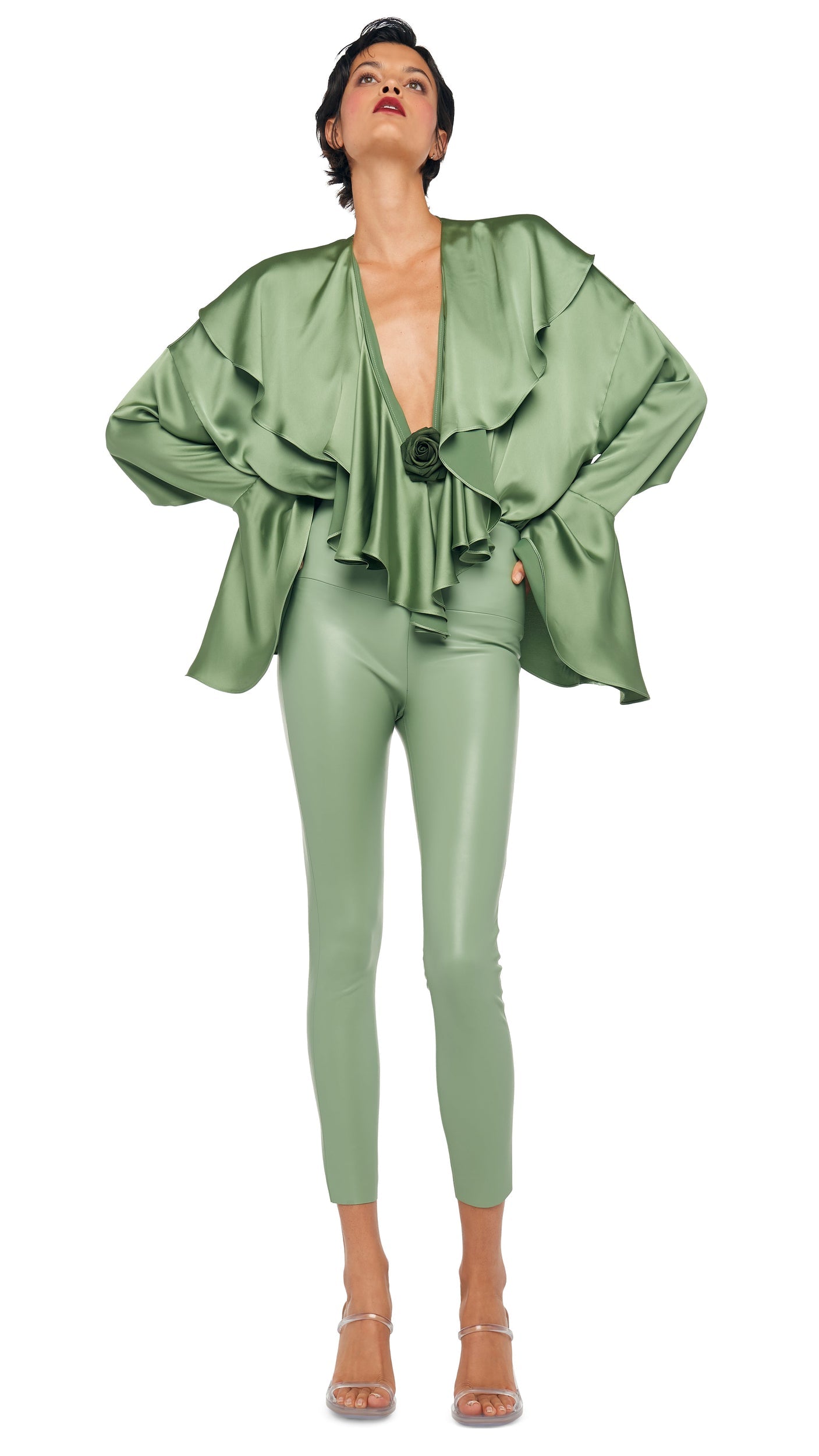 Norma Kamali LONG SLEEVE DEEP V RUFFLE BODYSUIT