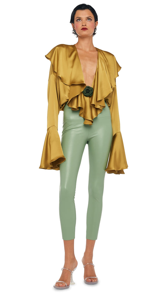 Norma Kamali LONG SLEEVE DEEP V RUFFLE BODYSUIT