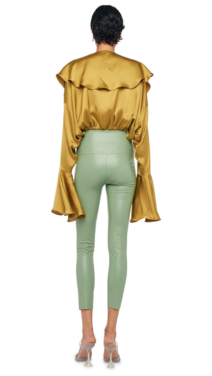 Norma Kamali LONG SLEEVE DEEP V RUFFLE BODYSUIT