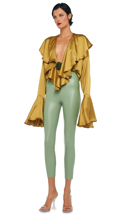 Norma Kamali LONG SLEEVE DEEP V RUFFLE BODYSUIT