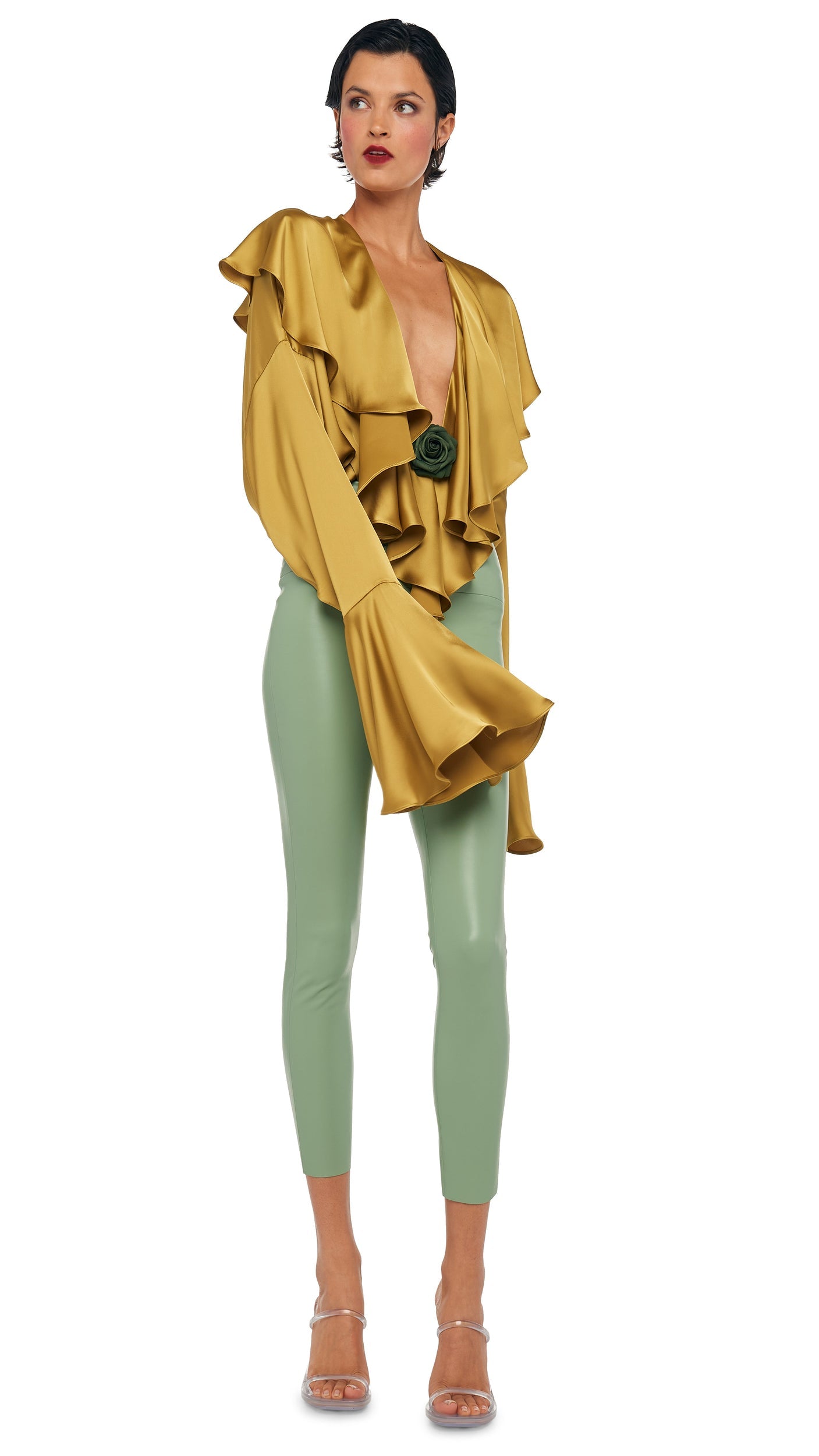 Norma Kamali LONG SLEEVE DEEP V RUFFLE BODYSUIT