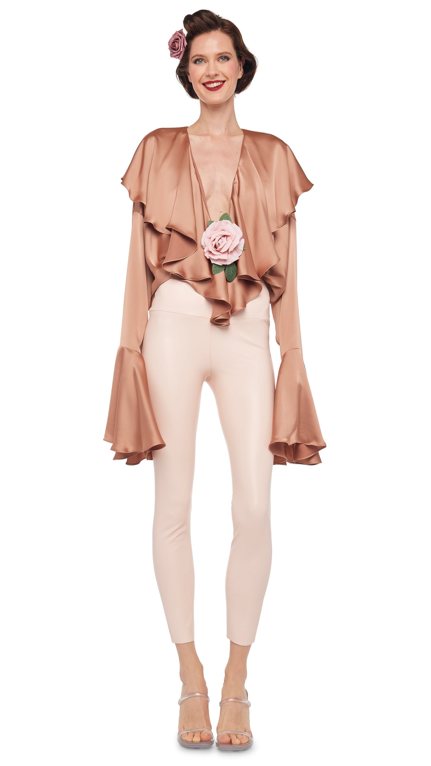 Norma Kamali LONG SLEEVE DEEP V RUFFLE BODYSUIT