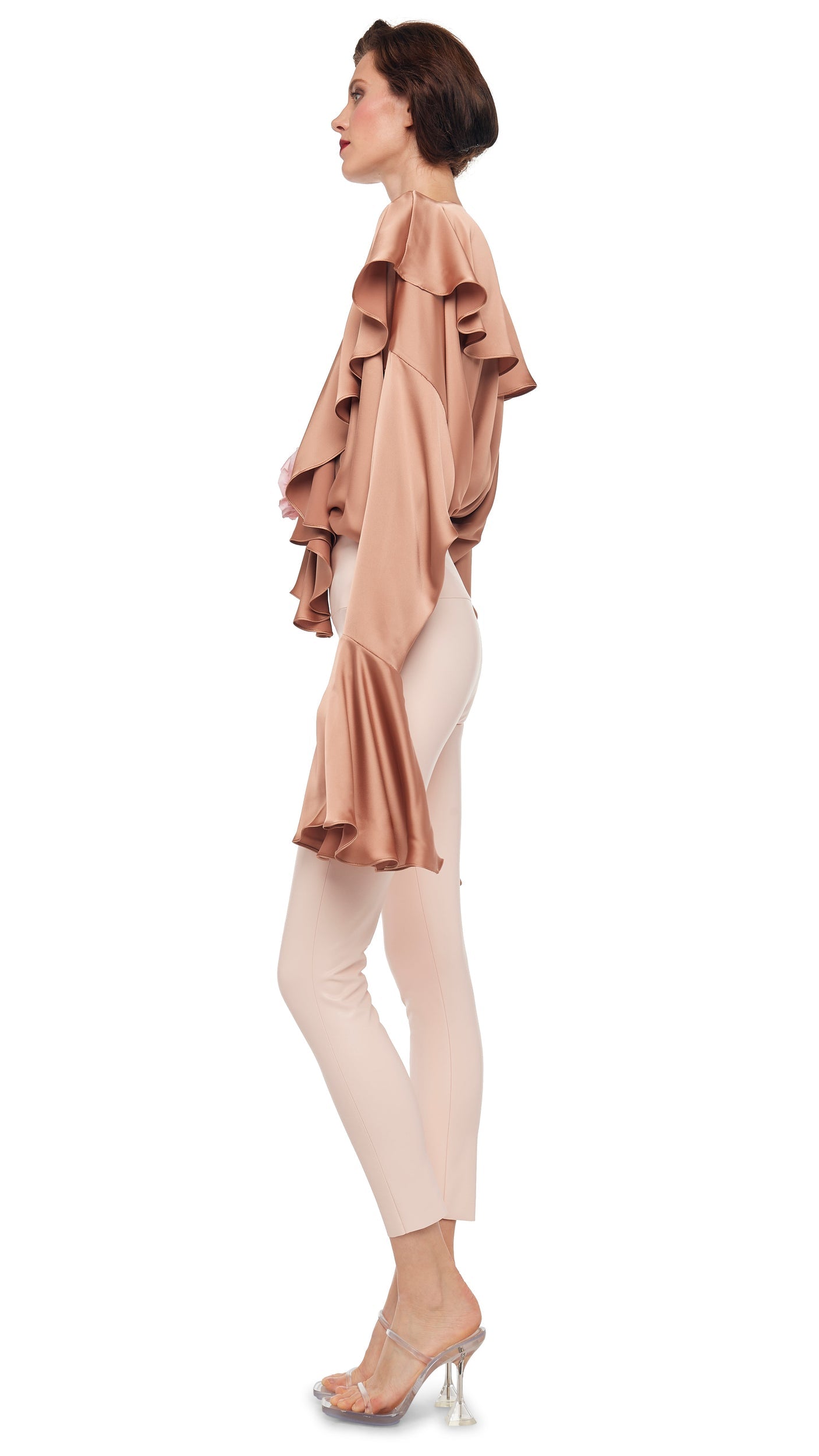 Norma Kamali LONG SLEEVE DEEP V RUFFLE BODYSUIT