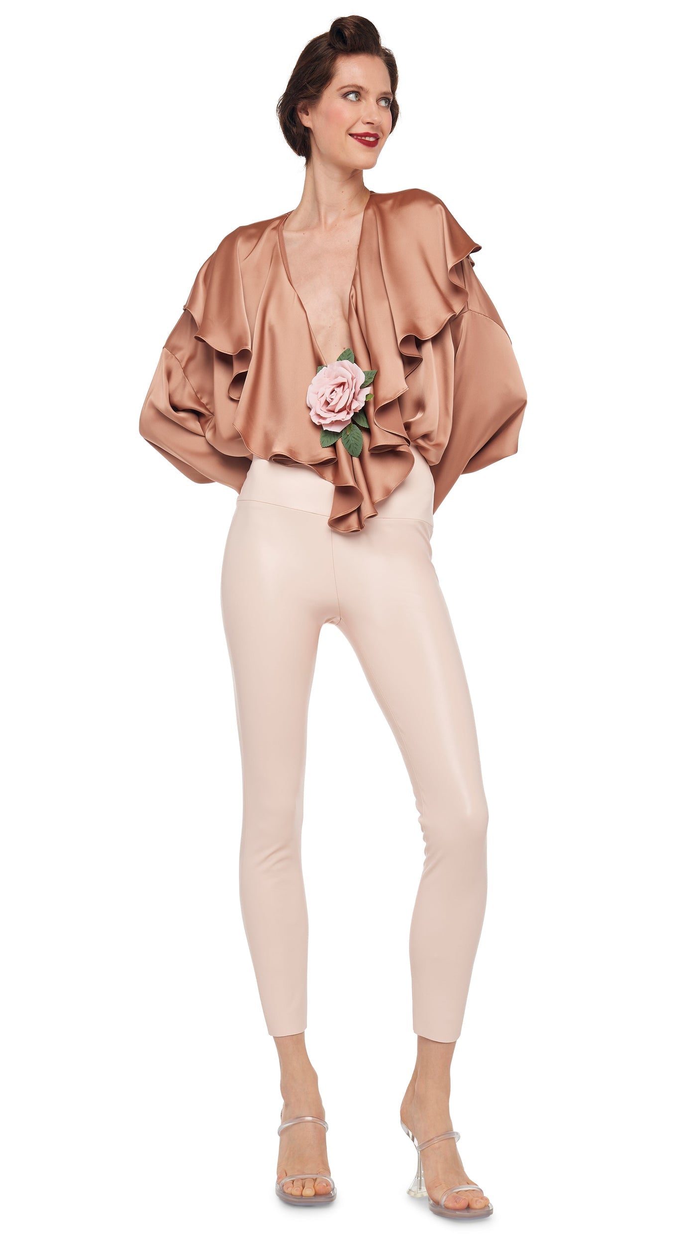 Norma Kamali LONG SLEEVE DEEP V RUFFLE BODYSUIT