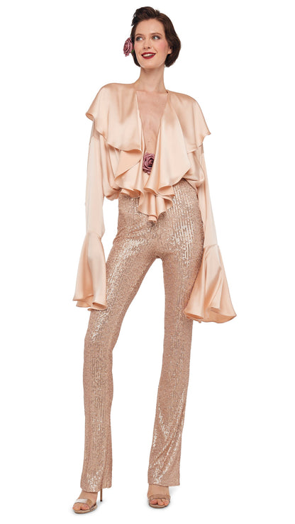 Norma Kamali LONG SLEEVE DEEP V RUFFLE BODYSUIT