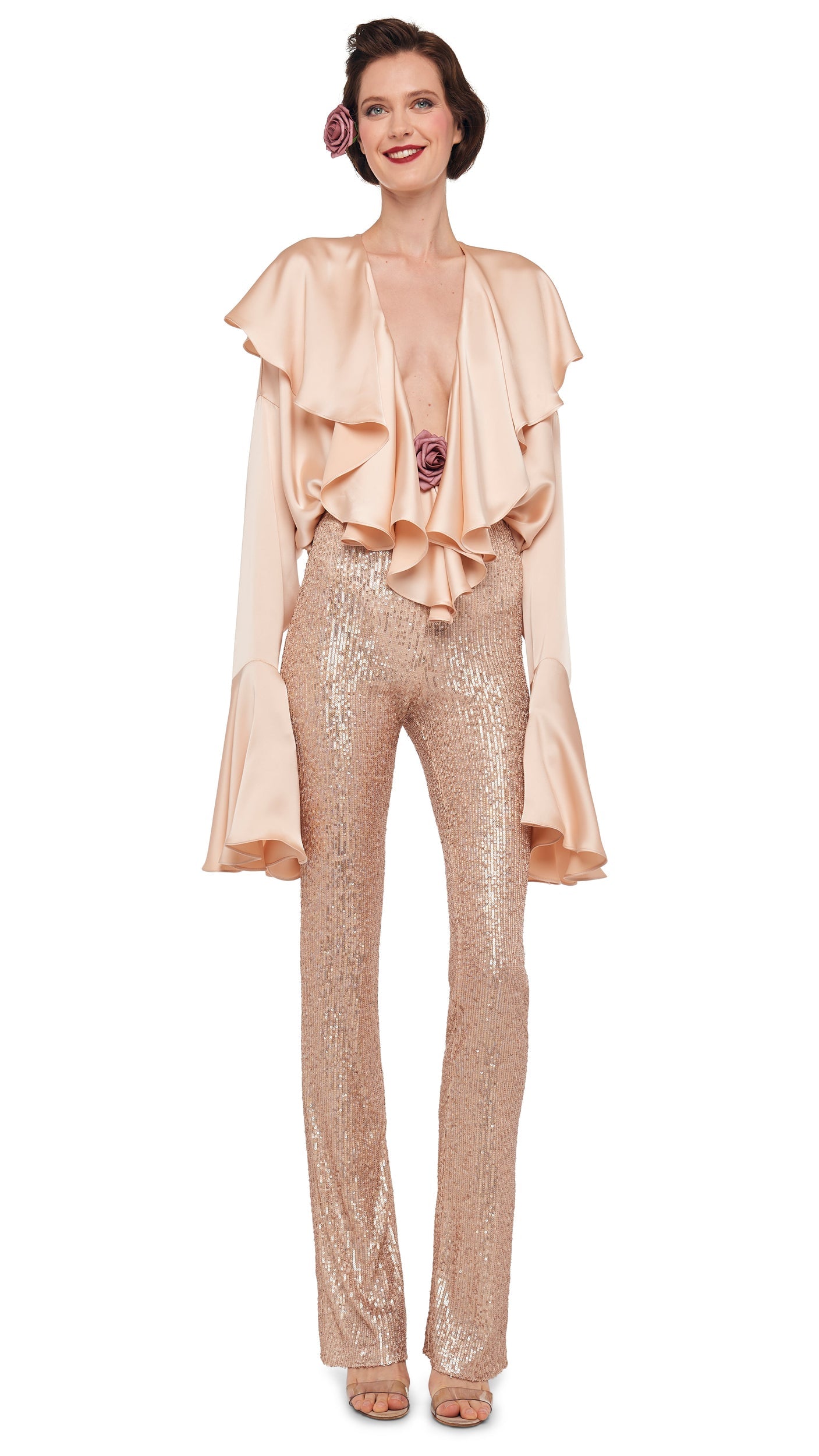 Norma Kamali LONG SLEEVE DEEP V RUFFLE BODYSUIT