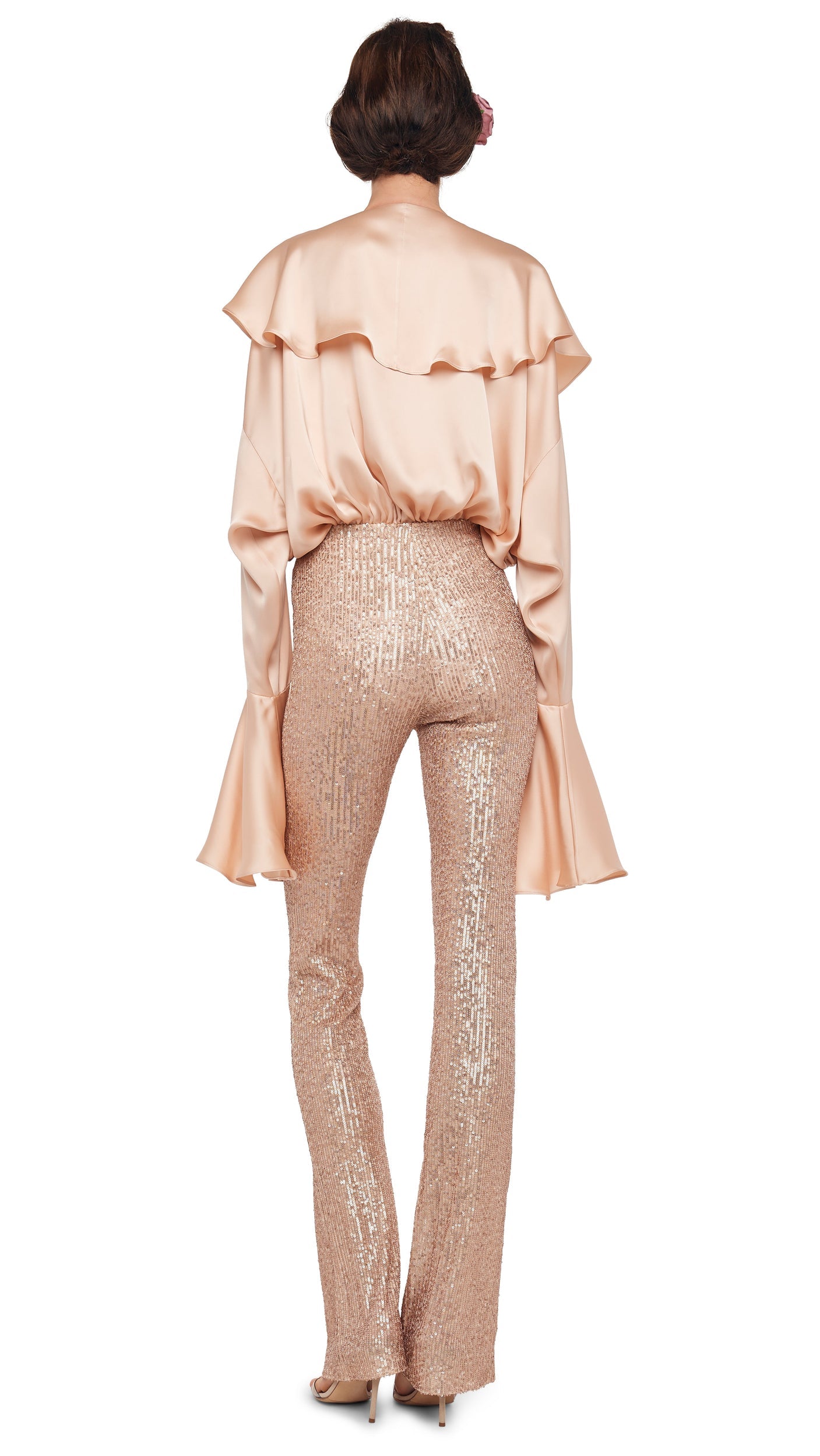 Norma Kamali LONG SLEEVE DEEP V RUFFLE BODYSUIT