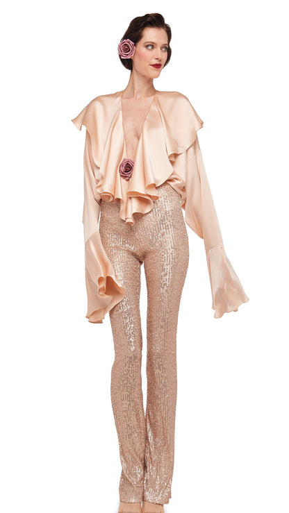 Norma Kamali LONG SLEEVE DEEP V RUFFLE BODYSUIT