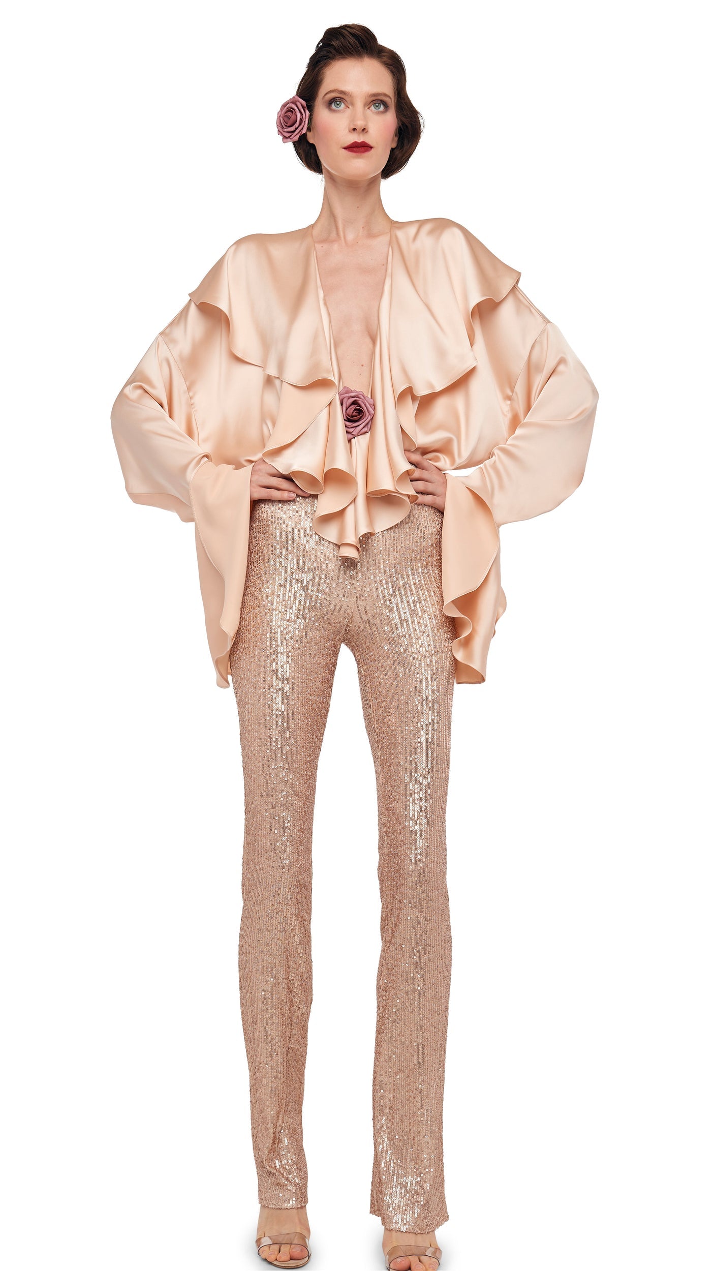Norma Kamali LONG SLEEVE DEEP V RUFFLE BODYSUIT