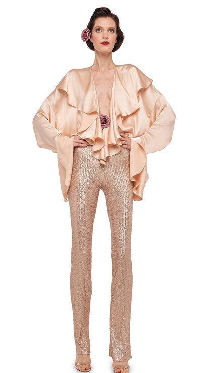 Norma Kamali LONG SLEEVE DEEP V RUFFLE BODYSUIT