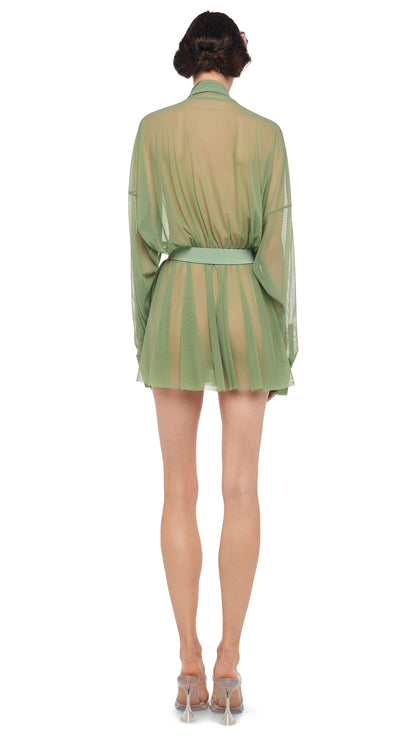 Norma Kamali SUPER OS BF NK SHIRT FLARED MINI DRESS W/ BOW