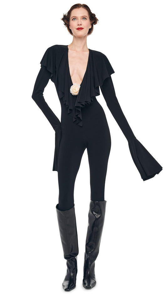 Norma Kamali LS DEEP V RUFFLE CATSUIT W/ FOOTIE