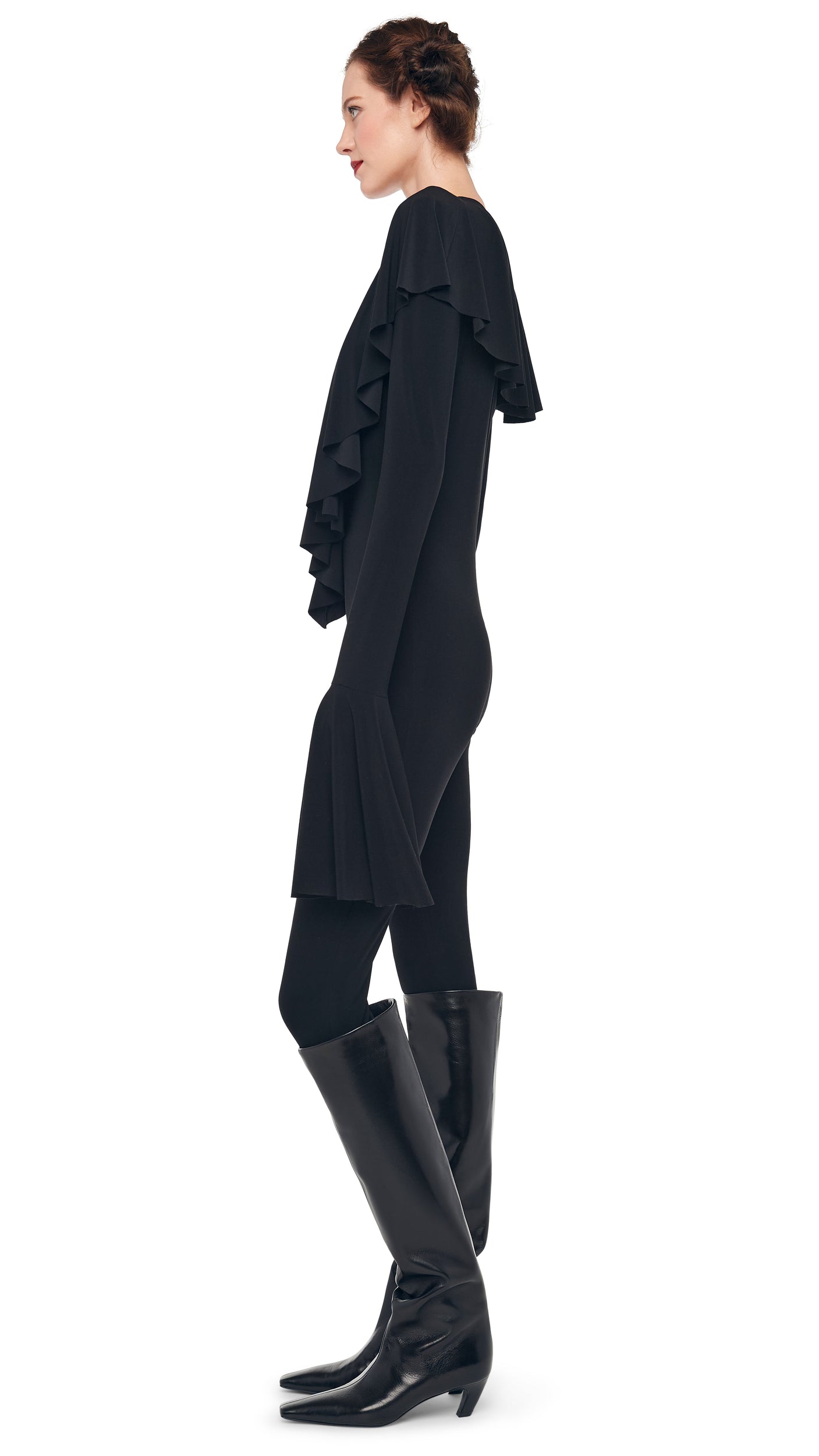 Norma Kamali LS DEEP V RUFFLE CATSUIT W/ FOOTIE