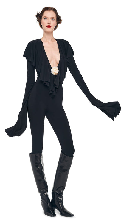 Norma Kamali LS DEEP V RUFFLE CATSUIT W/ FOOTIE
