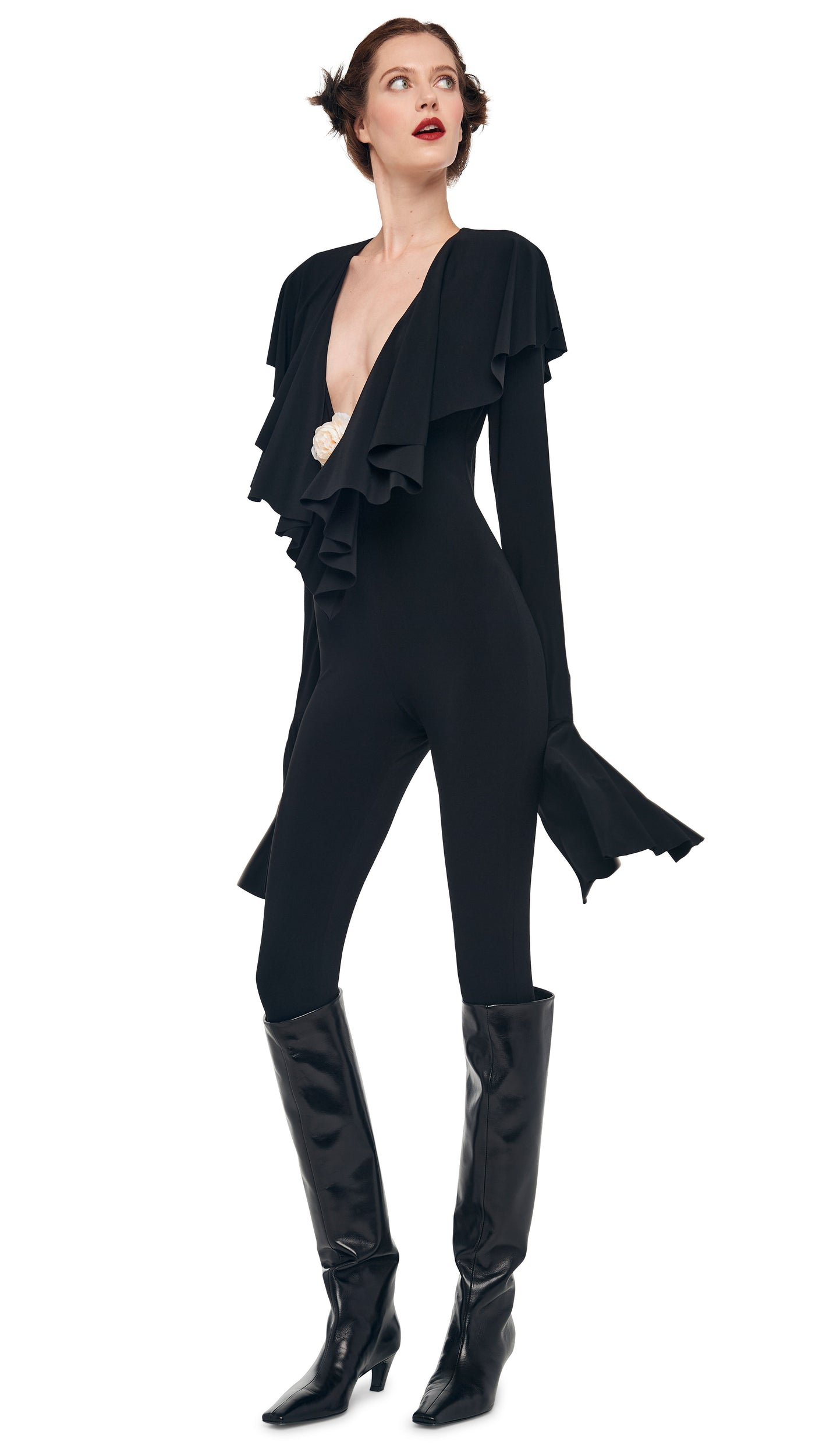 Norma Kamali LS DEEP V RUFFLE CATSUIT W/ FOOTIE