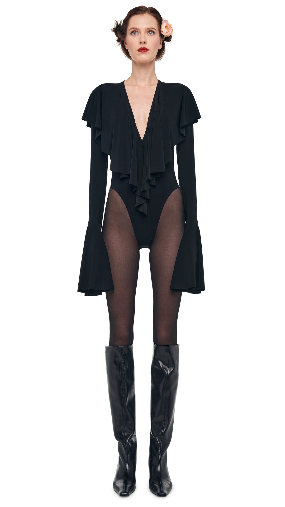 Norma Kamali LONG SLEEVE DEEP V RUFFLE BODYSUIT