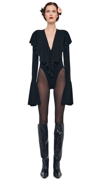 Norma Kamali LONG SLEEVE DEEP V RUFFLE BODYSUIT