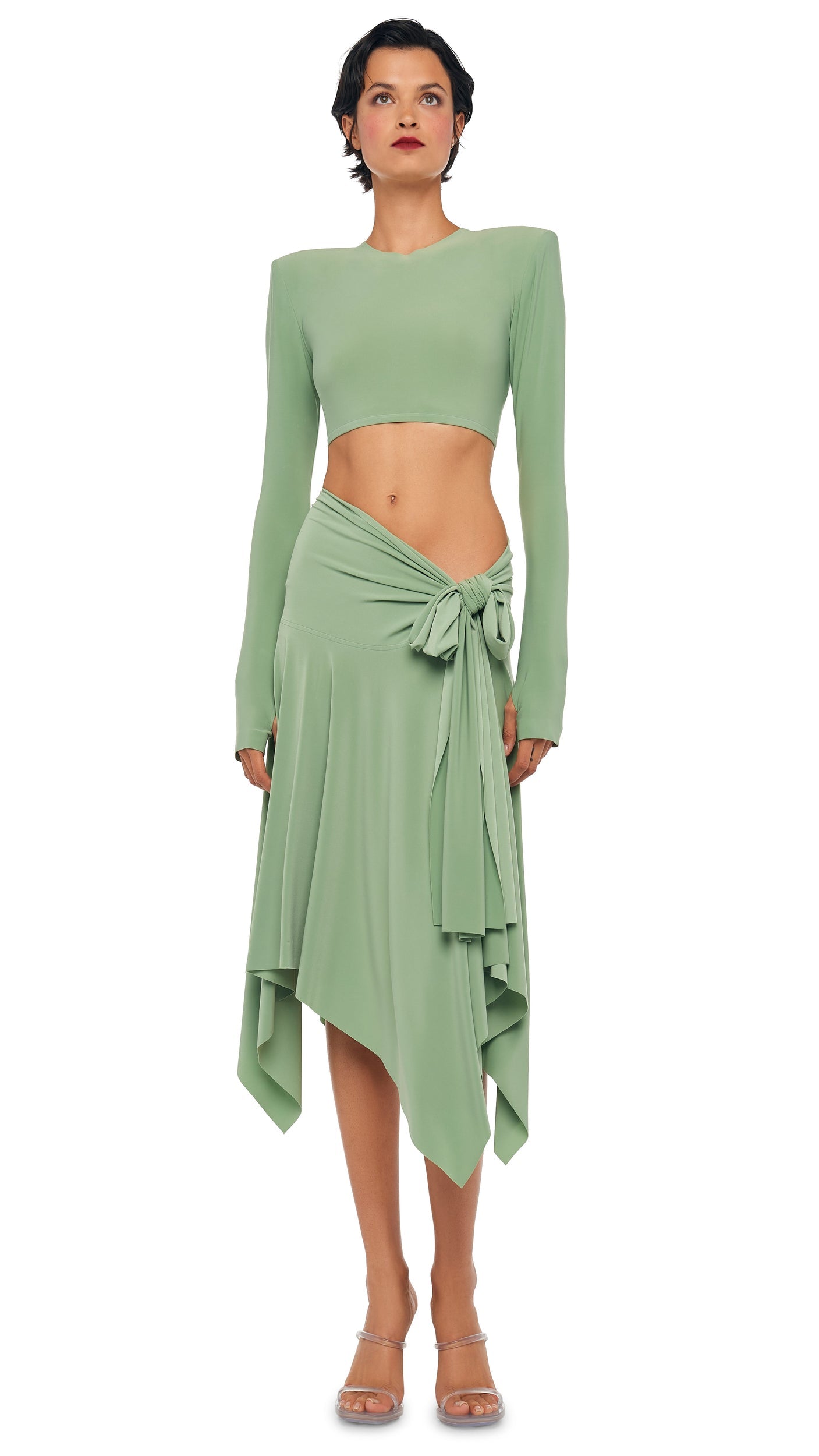 Norma Kamali CROPPED SHOULDER PAD LONG SLEEVE CREW TOP