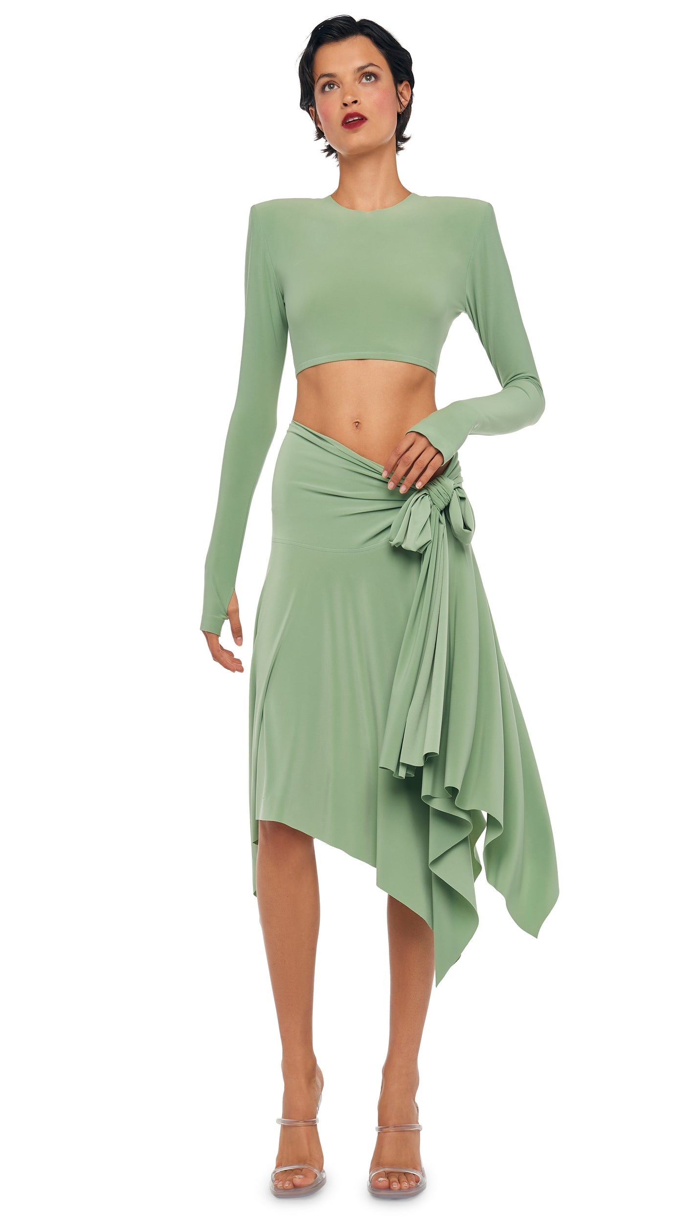 Norma Kamali CROPPED SHOULDER PAD LONG SLEEVE CREW TOP
