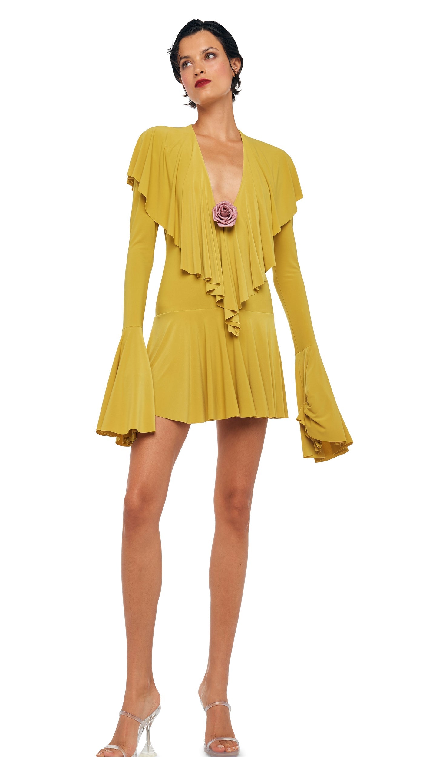 Norma Kamali LONG SLEEVE DEEP V RUFFLE MINI DRESS
