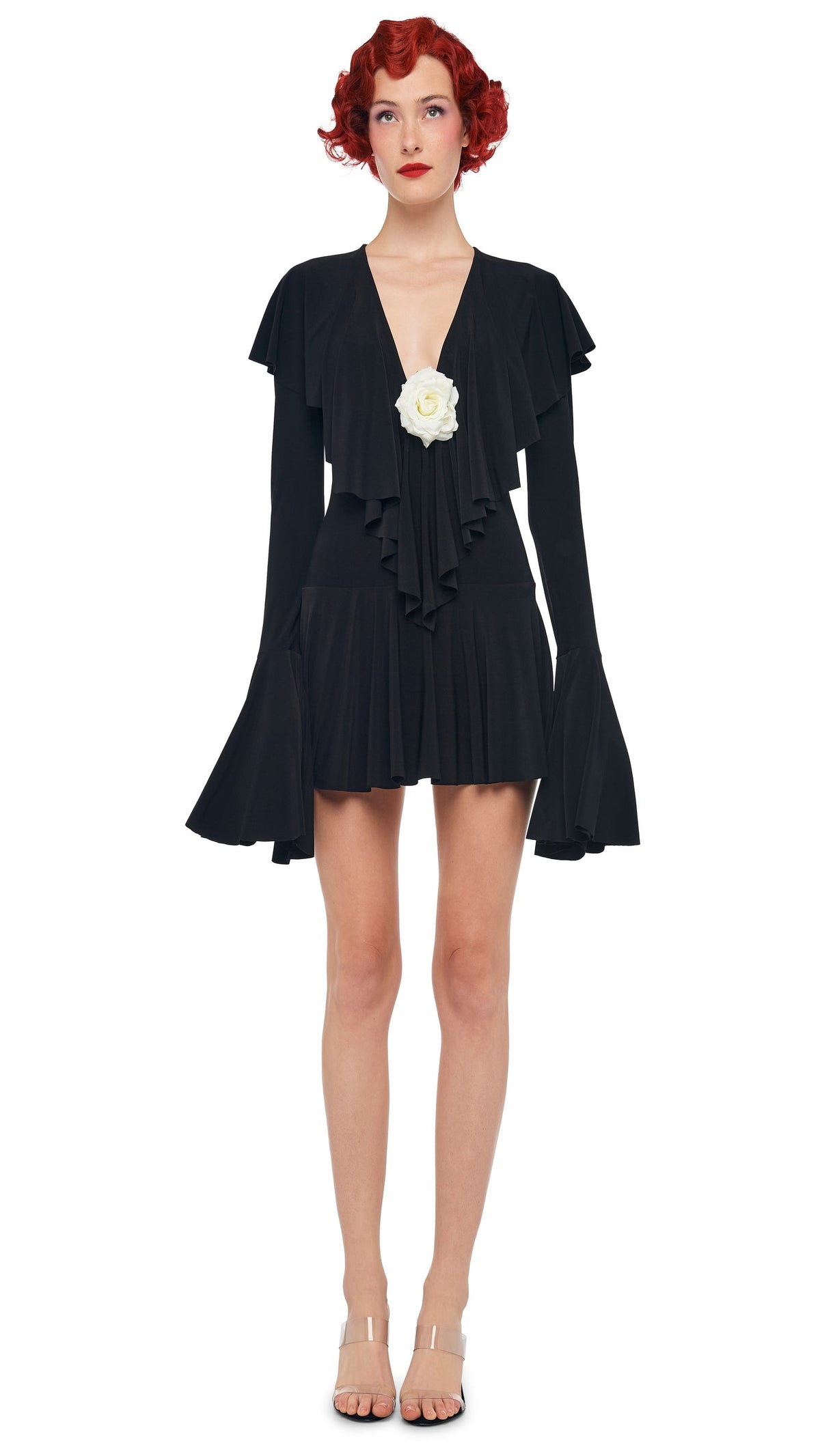 Norma Kamali LS DEEP V RUFFLE MINI DRESS
